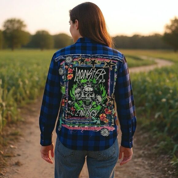 Upcycled Flannel Shirt Shacket Womens 1X Monster Grunge Patchwork Folk Art - Picture 4 of 16